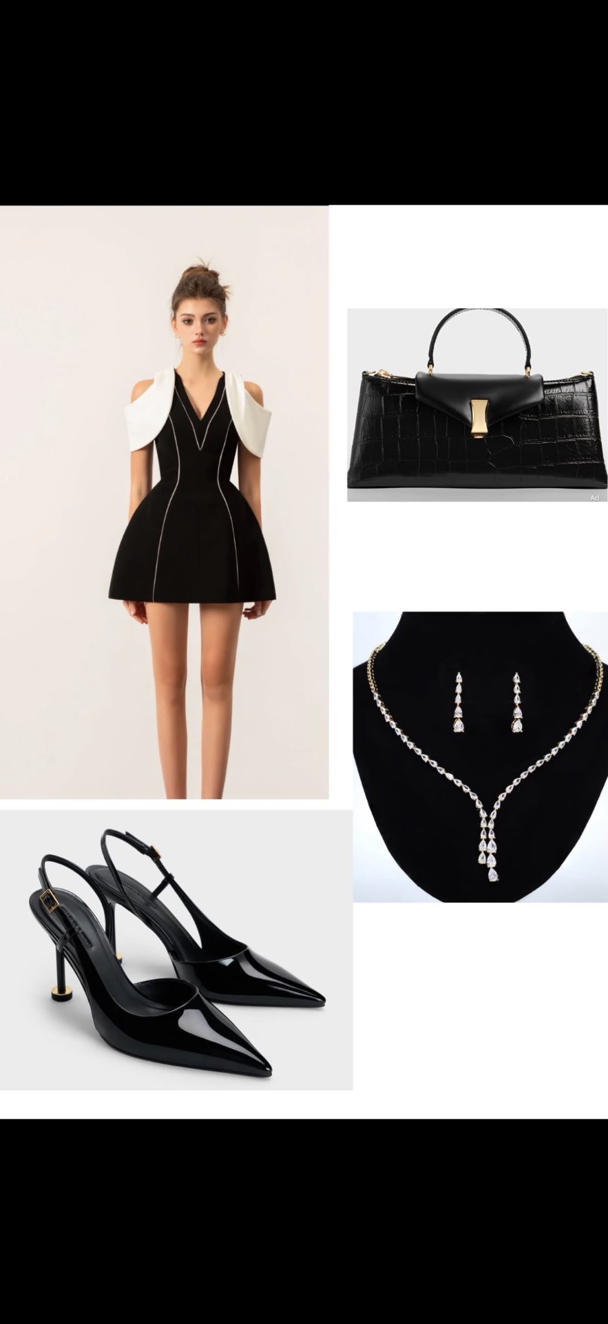 Model in a black cold-shoulder minidress with white contrast piping, standing against a cream studio background.