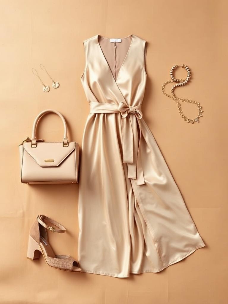 Curated wedding-guest look: silk midi dress with matching bag, heels and gold jewellery.