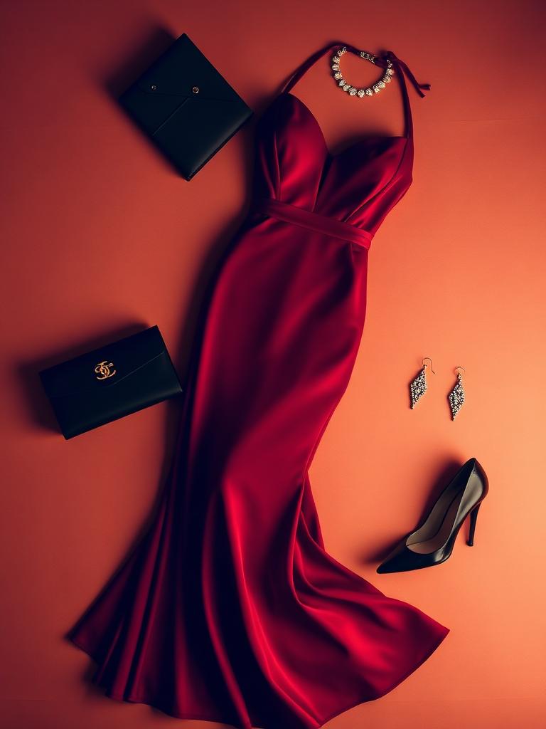Curated gala look: floor-length oxblood gown with black clutch, pumps and diamond earrings.