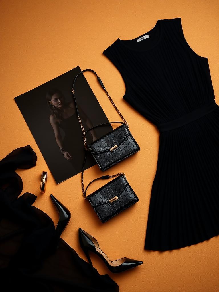 Curated date-night look: black pleated dress with croc shoulder bag and patent pumps.