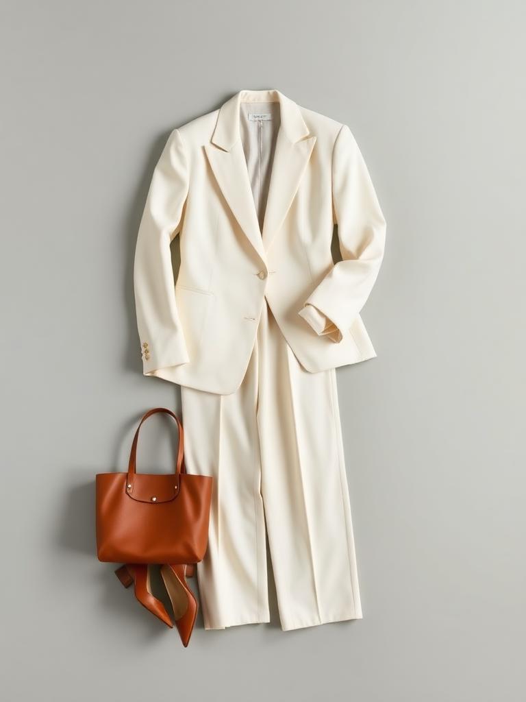Curated wardrobe edit: ivory tailoring with tan tote, block heels and pearl studs.