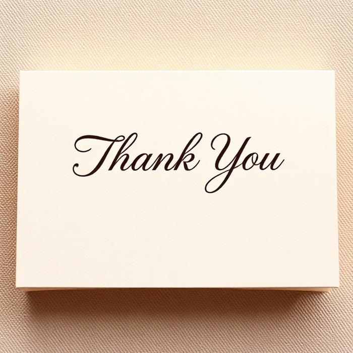Handwritten thank-you card in cream with black script.